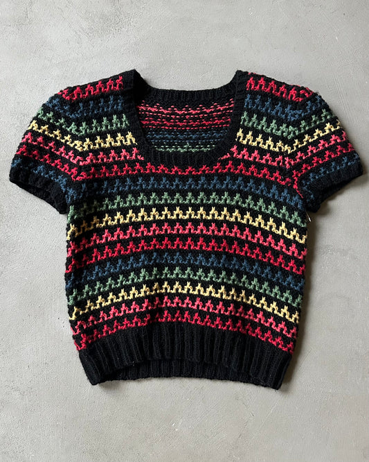 1980s - Black/Multi Handknit Women's Sweater - (W)S/M
