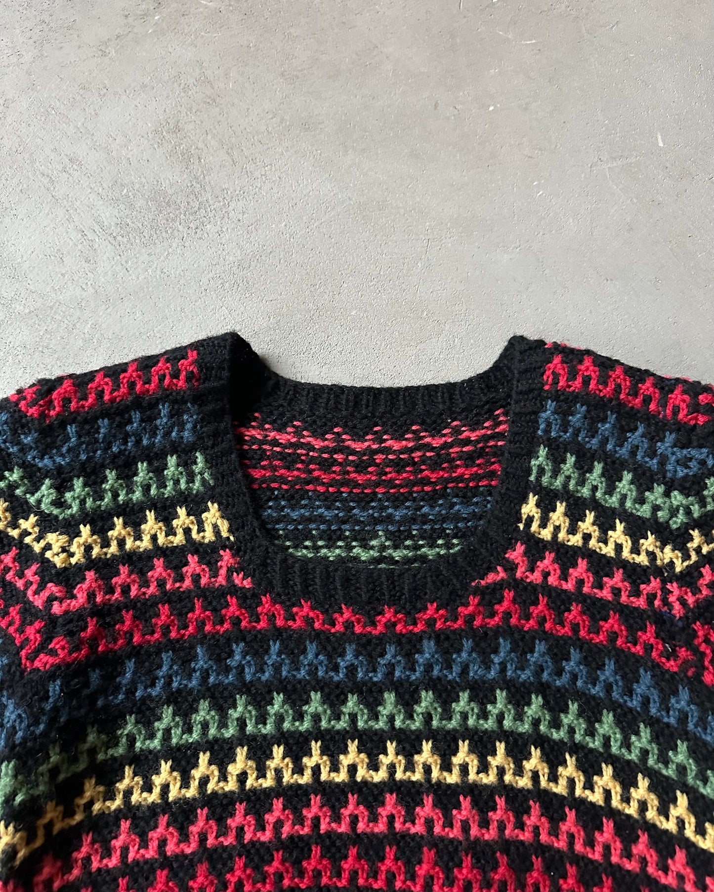 1980s - Black/Multi Handknit Women's Sweater - (W)S/M