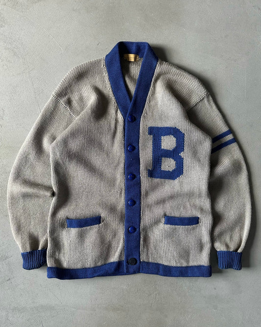 1960s - Grey/Blue "B" Wool Cardigan - L