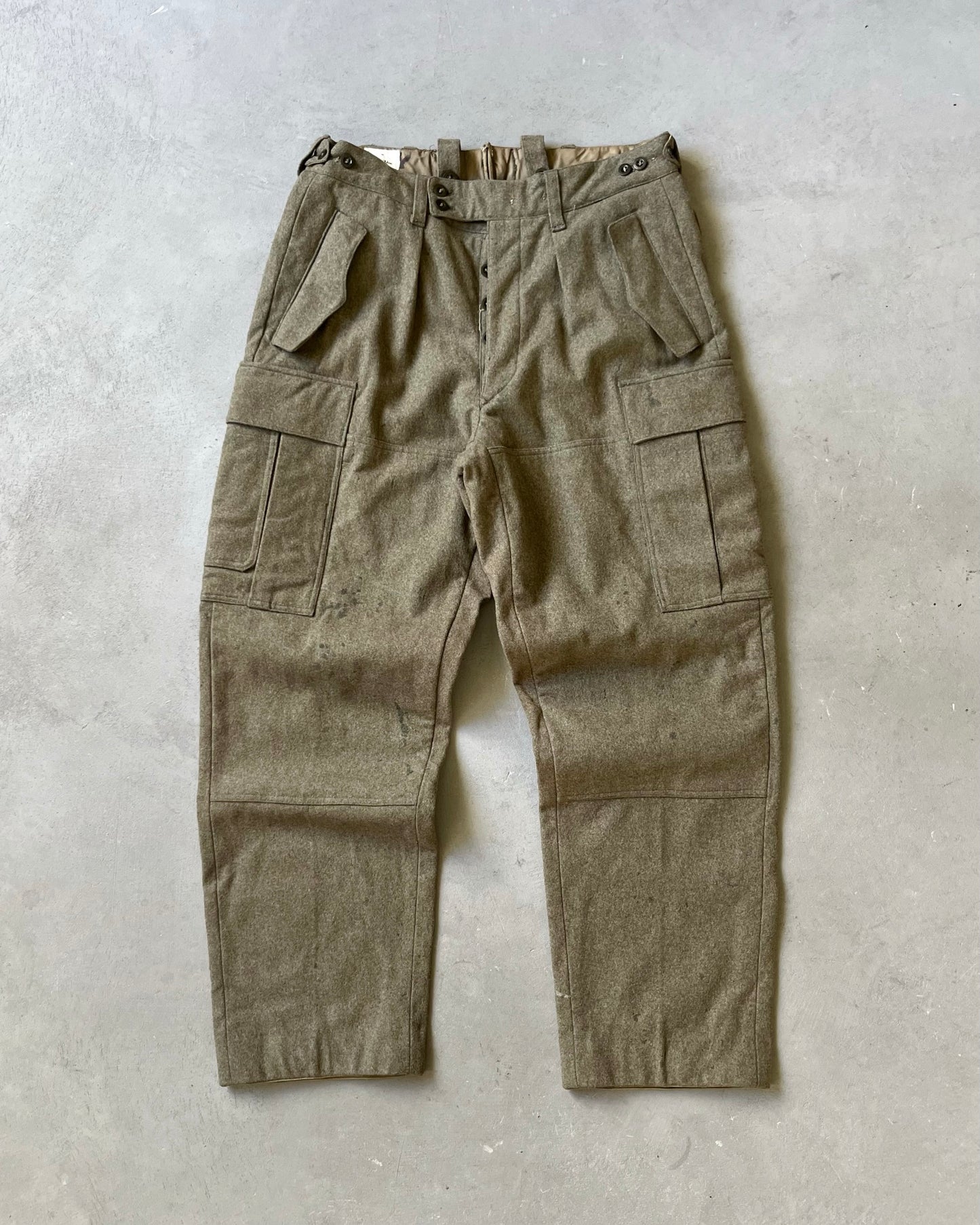 Années 90 - Pantalon Cargo Allemand en Laine Verte Vieillie - 31x30