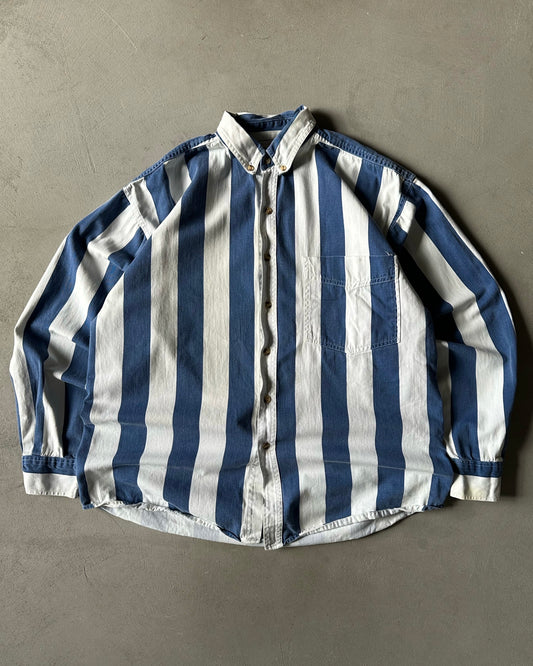 1990s - Blue/White Striped Button Up - L