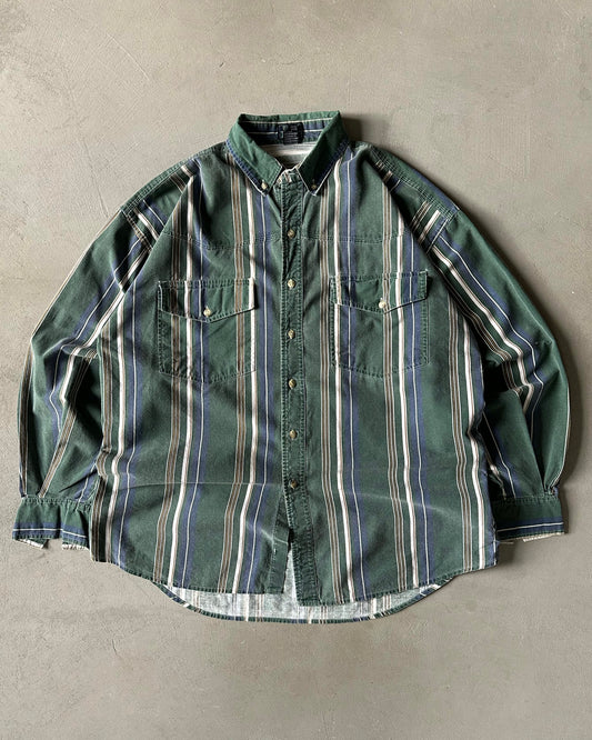 1990s - Green/Blue Striped Button Up - L