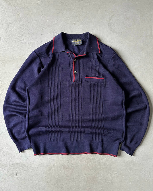 1970s - Navy/Red Disco Longsleeve Polo - S/M