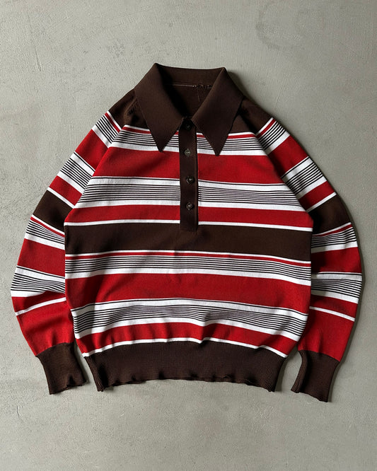 1970s - Brown/Red Striped Disco Longsleeve Polo - S