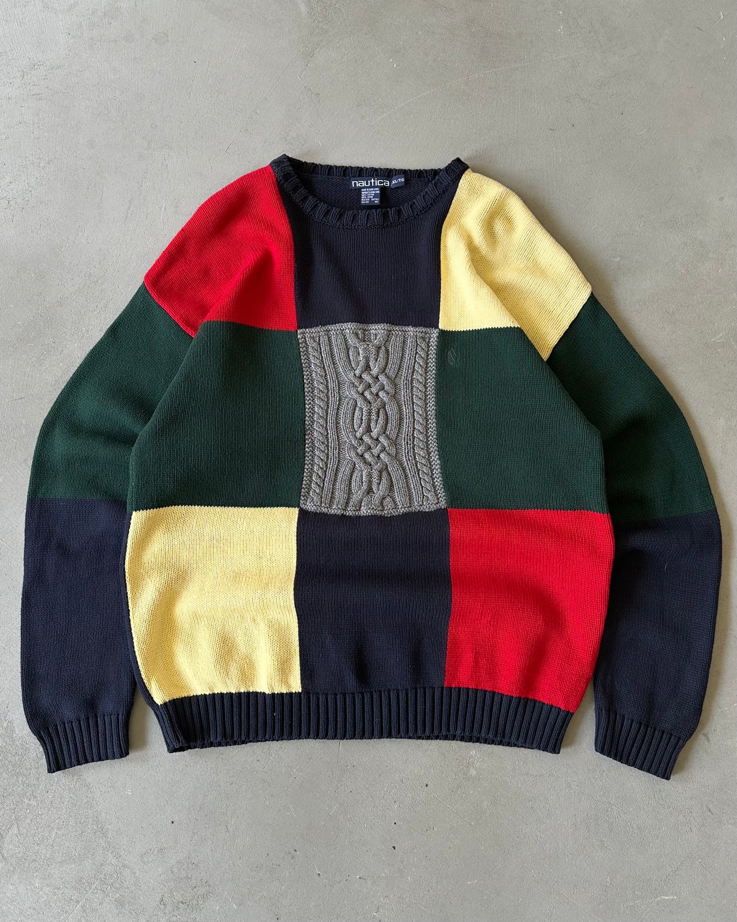 1990s - Navy/Green Nautica Patchwork Sweater - XL