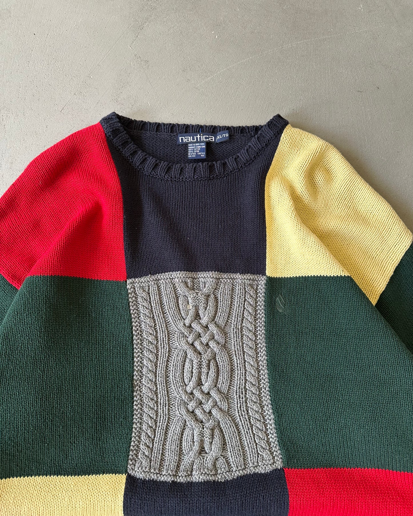 1990s - Navy/Green Nautica Patchwork Sweater - XL