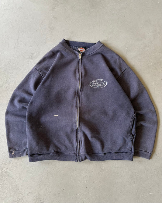 1990s - Distressed Navy HD Zip Up Sweatshirt - M