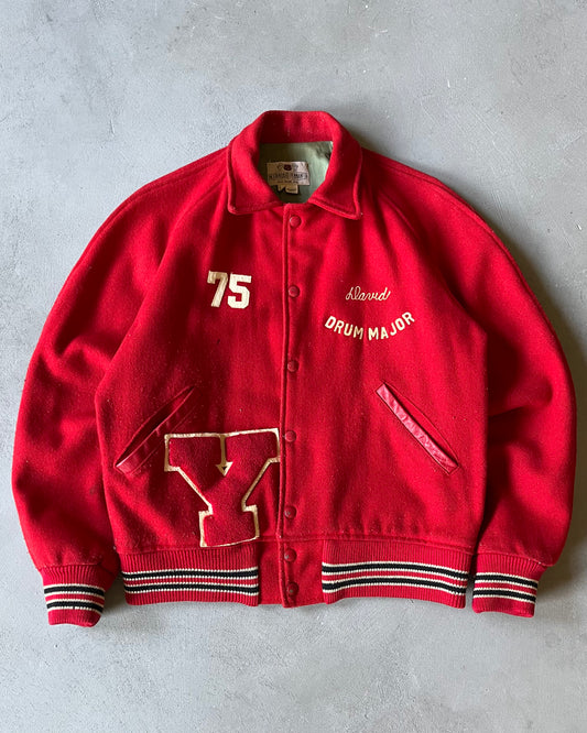 Années 1970 - Blouson universitaire en laine rouge Drum Major - M