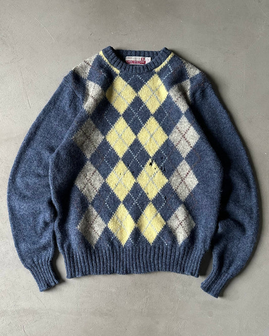 1990s - Distressed Blue/Yellow Argyle Wool Sweater - L