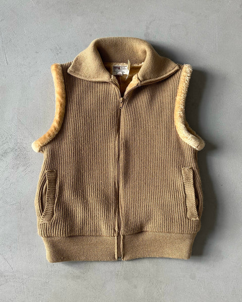 1970s - Light Brown Faux Fur Zip Sweater Vest - S