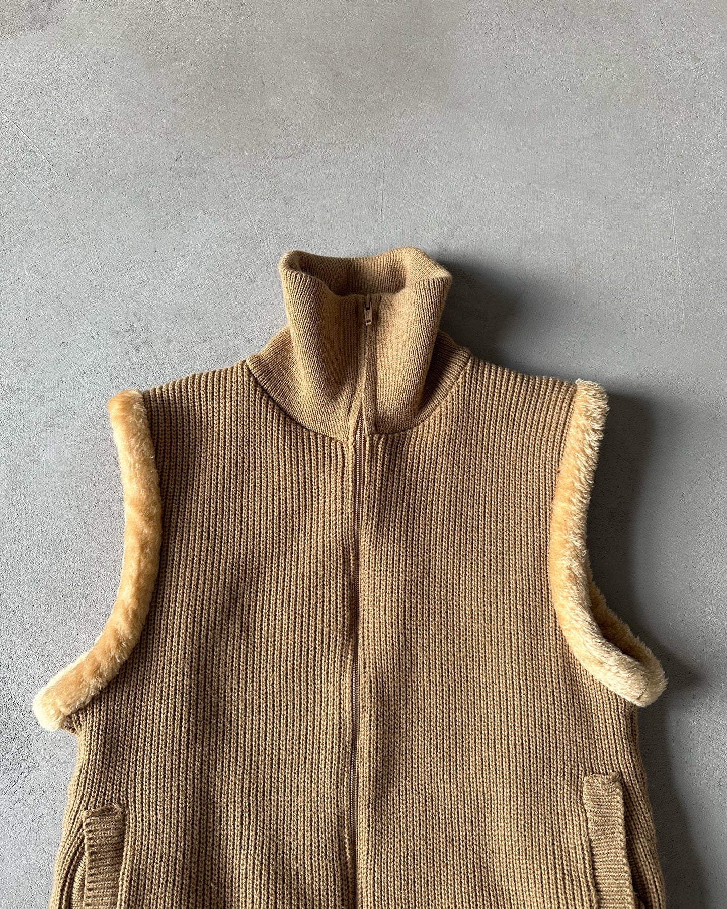 1970s - Light Brown Faux Fur Zip Sweater Vest - S