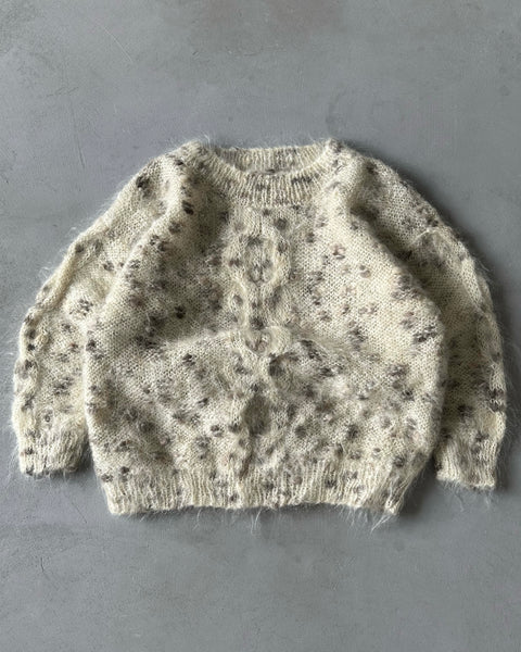 1980s - Cream/Grey Fuzzy Wool Cableknit Sweater - (W)XL