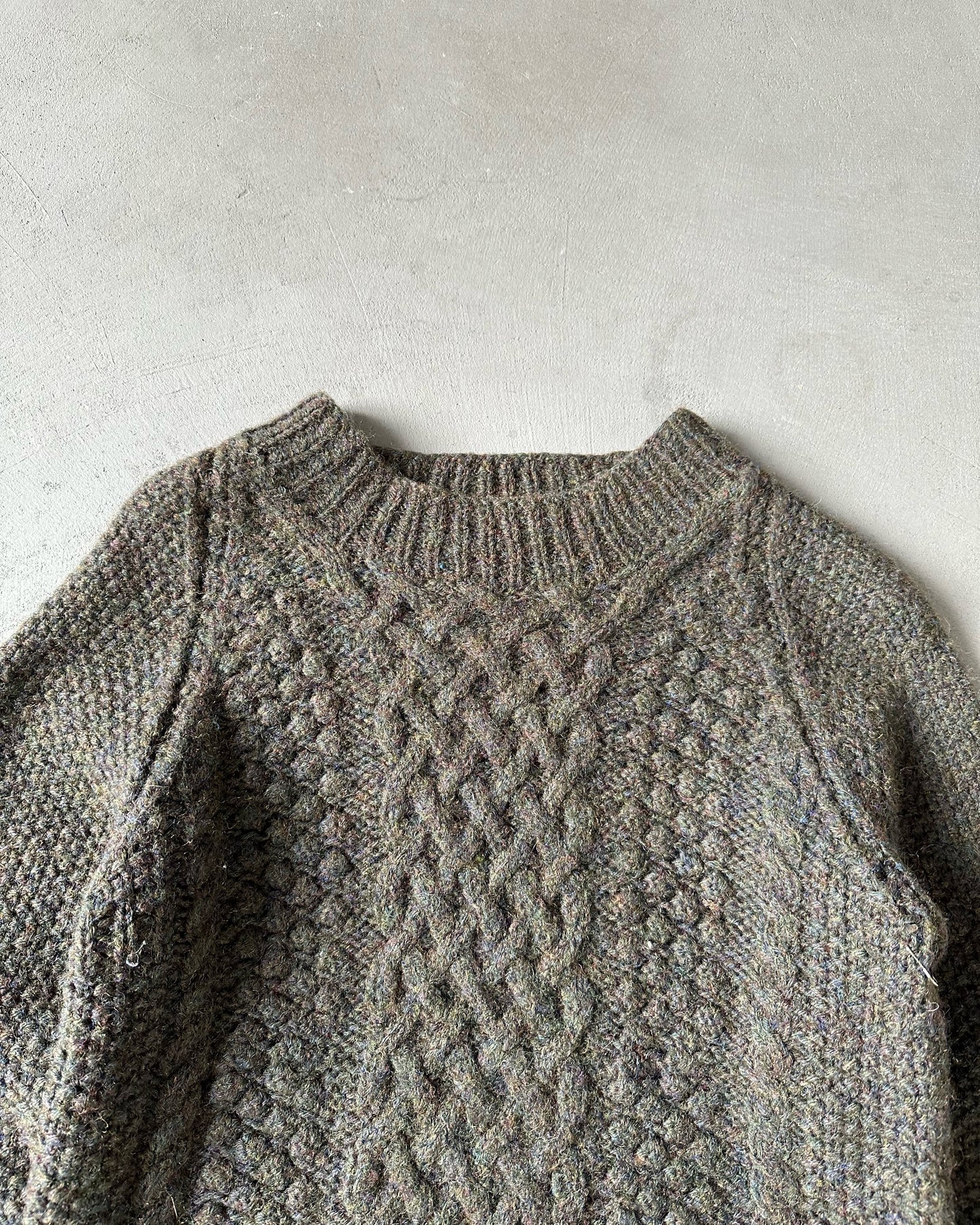 1990s - Khaki Cableknit Wool Sweater - (W)XS