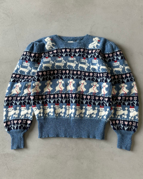 1980s - Blue "Dog" Wool Women's Sweater - (W)M
