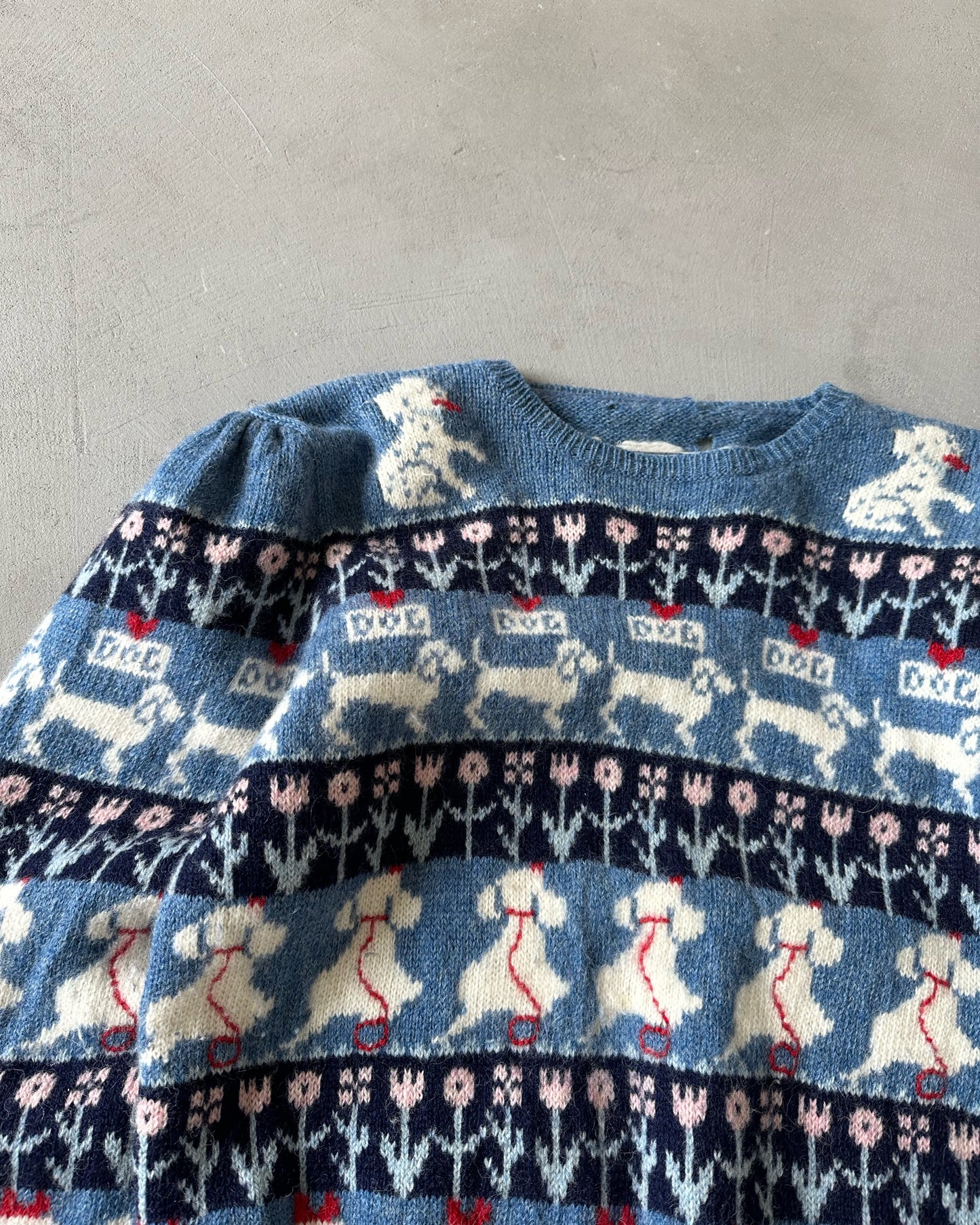 1980s - Blue "Dog" Wool Women's Sweater - (W)M