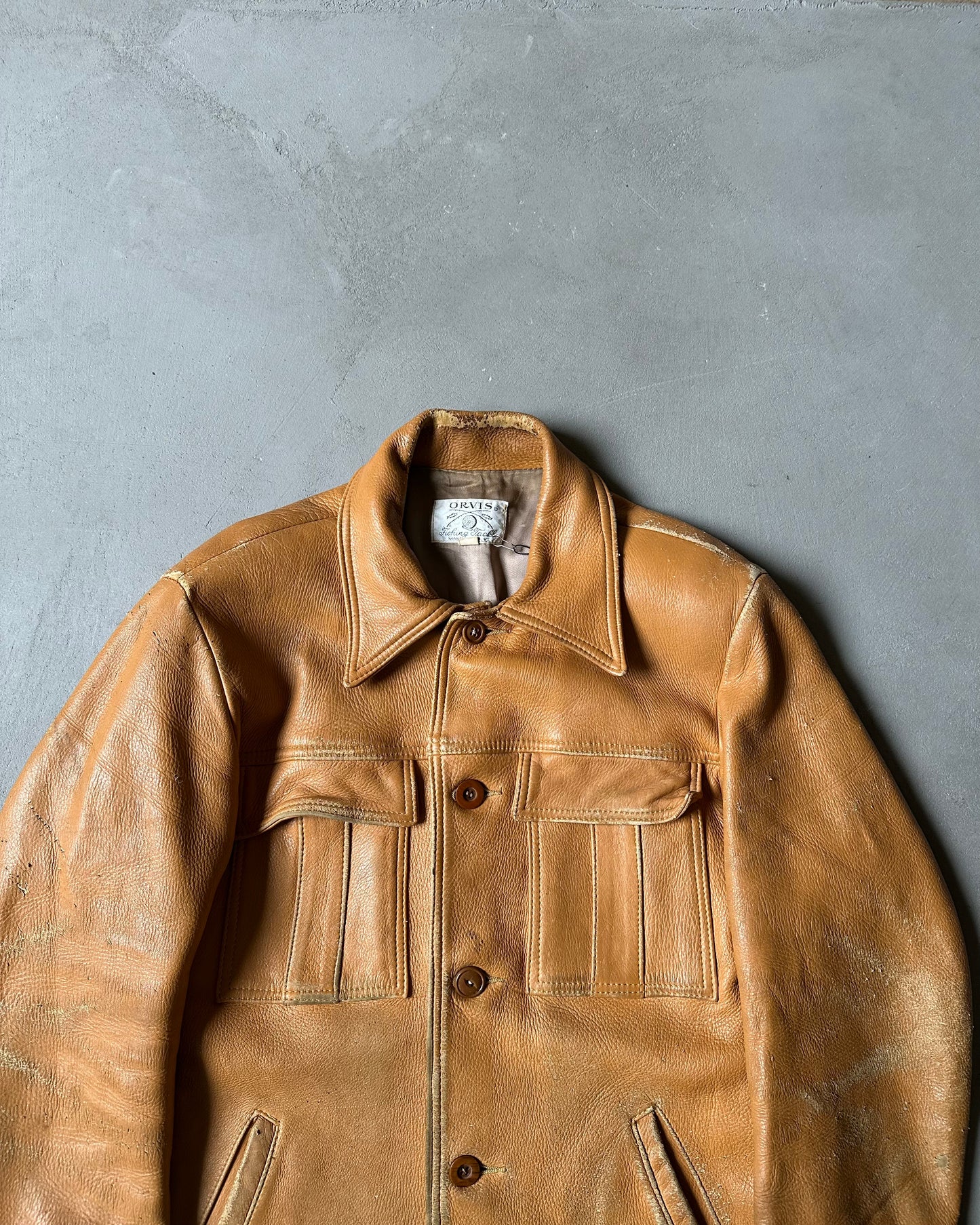 1960s - Distressed Camel Orvis Leather Jacket - 40