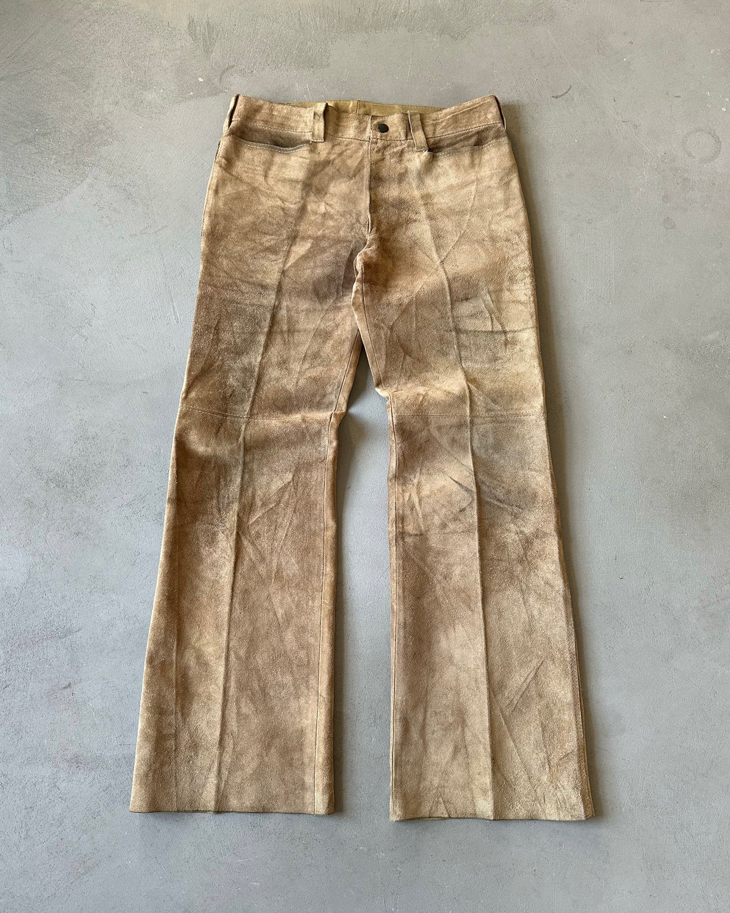 1970s - Distressed Beige Suede Bootcut Pants - 33x33