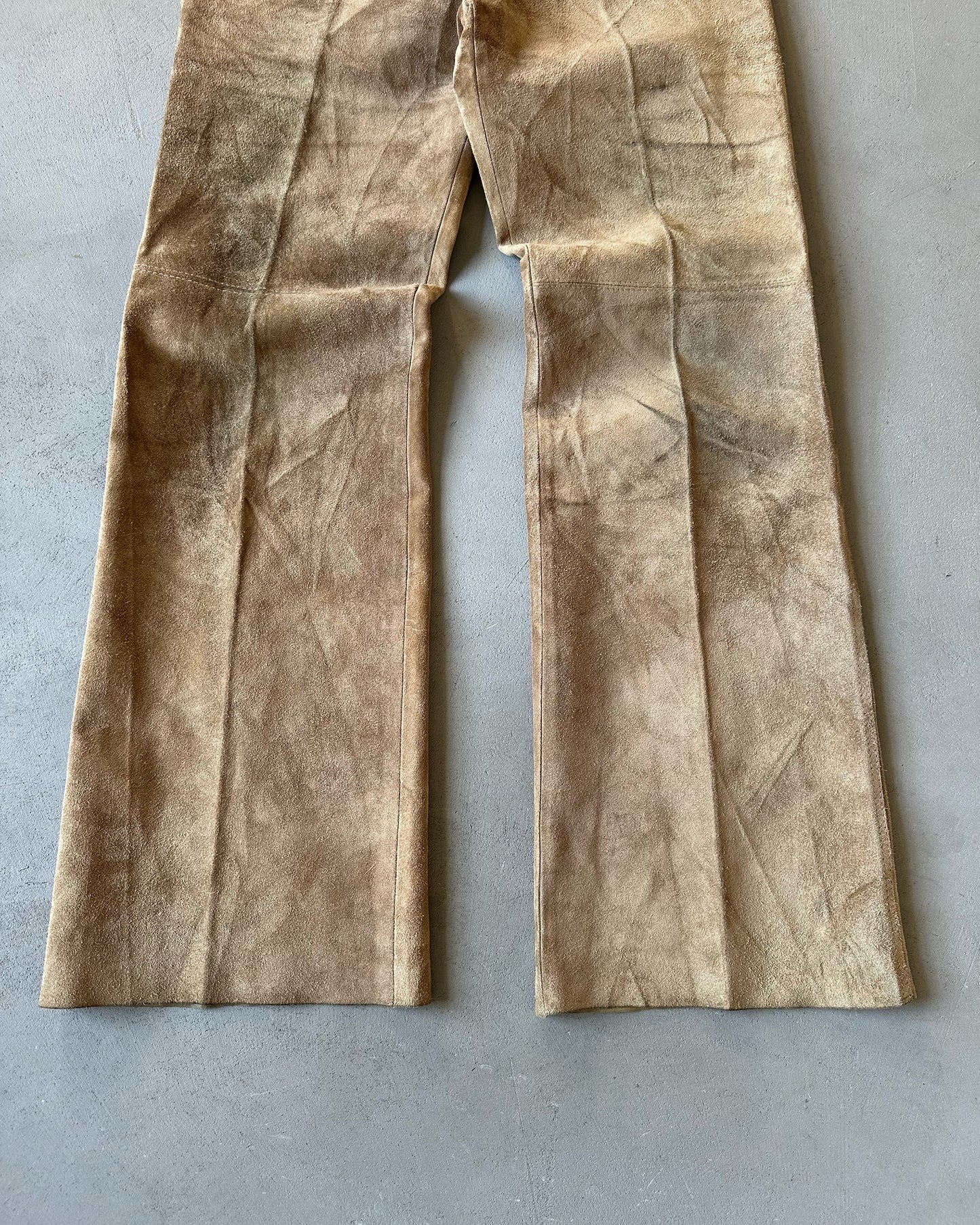 1970s - Distressed Beige Suede Bootcut Pants - 33x33