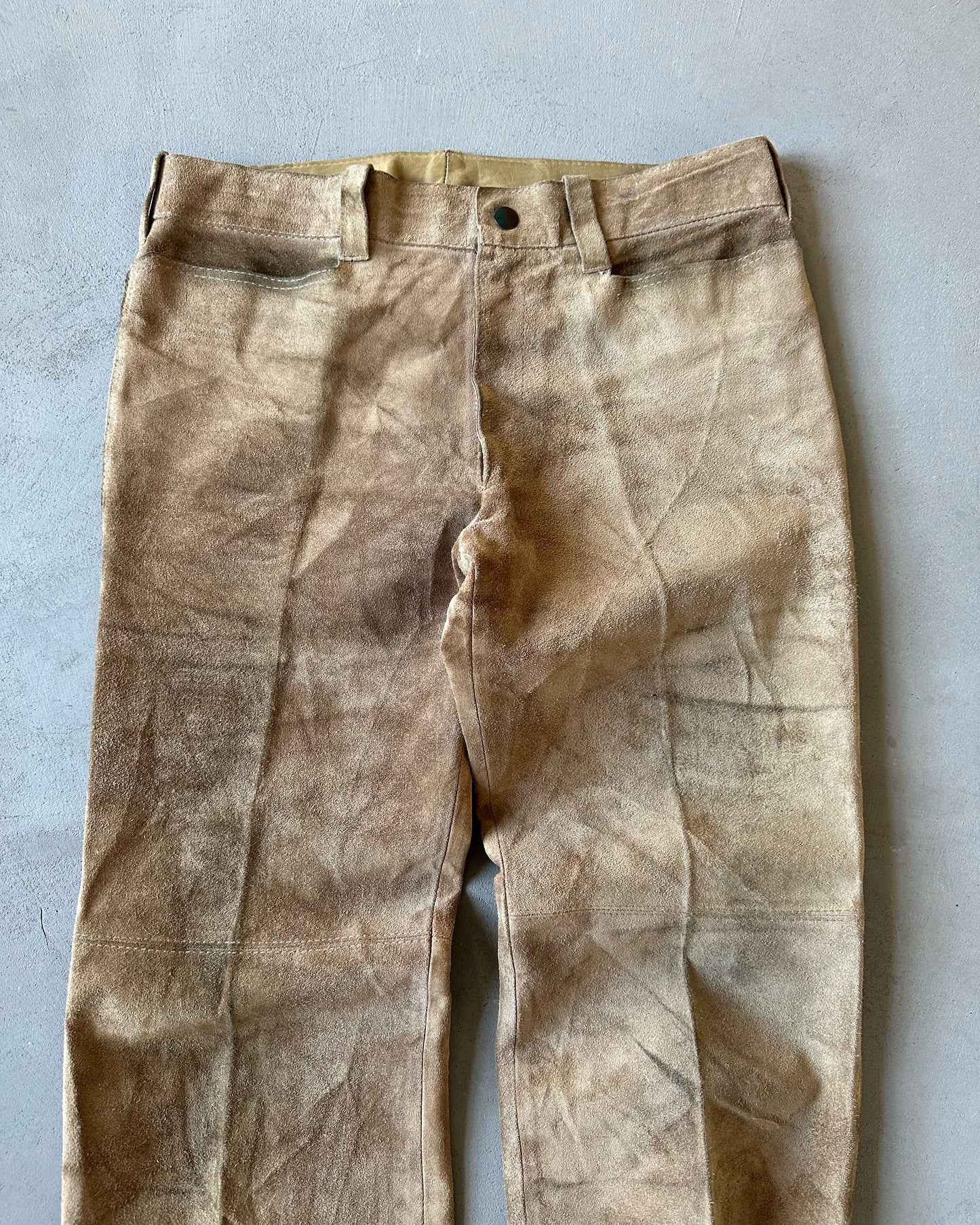 1970s - Distressed Beige Suede Bootcut Pants - 33x33