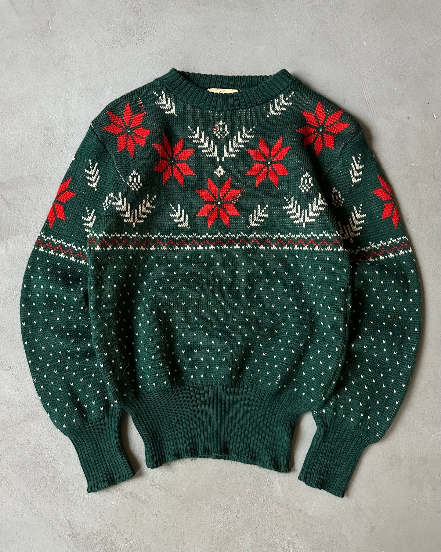 1960s- Distressed Green Nordic Sweater - S