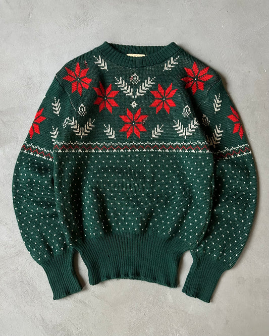 1960s- Distressed Green Nordic Sweater - S