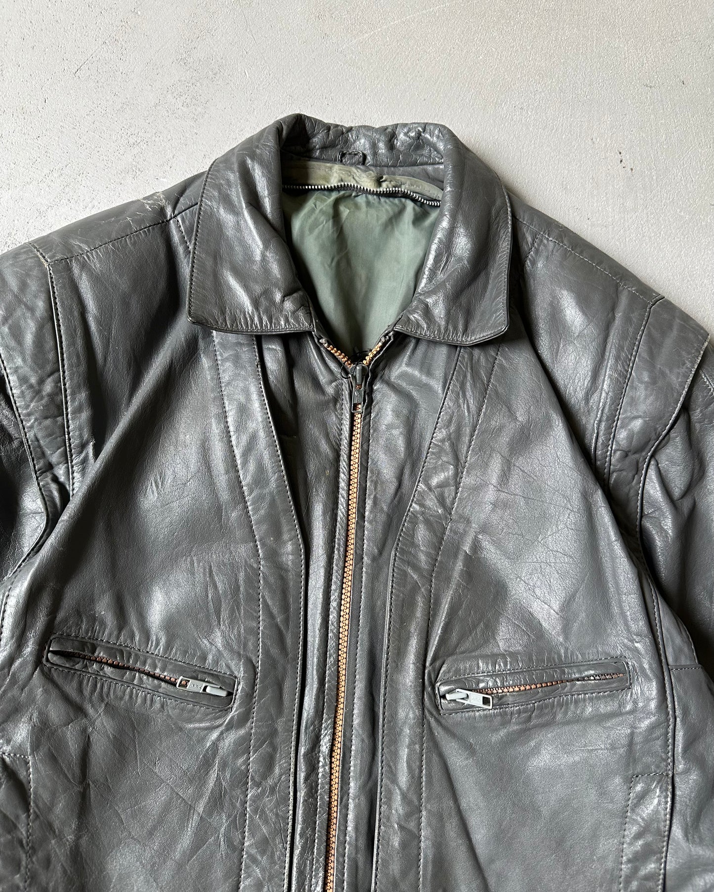 1980s - Faded Grey Leather Jacket - M
