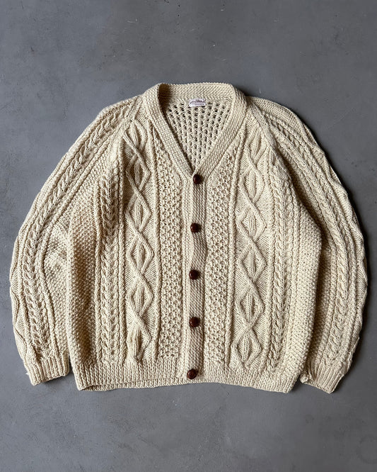 1970s - Cream Handknit Wool Cardigan - L/XL