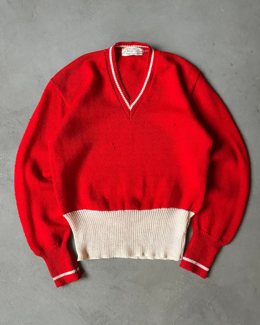 1960s - Distressed Red/Cream Sweater - S