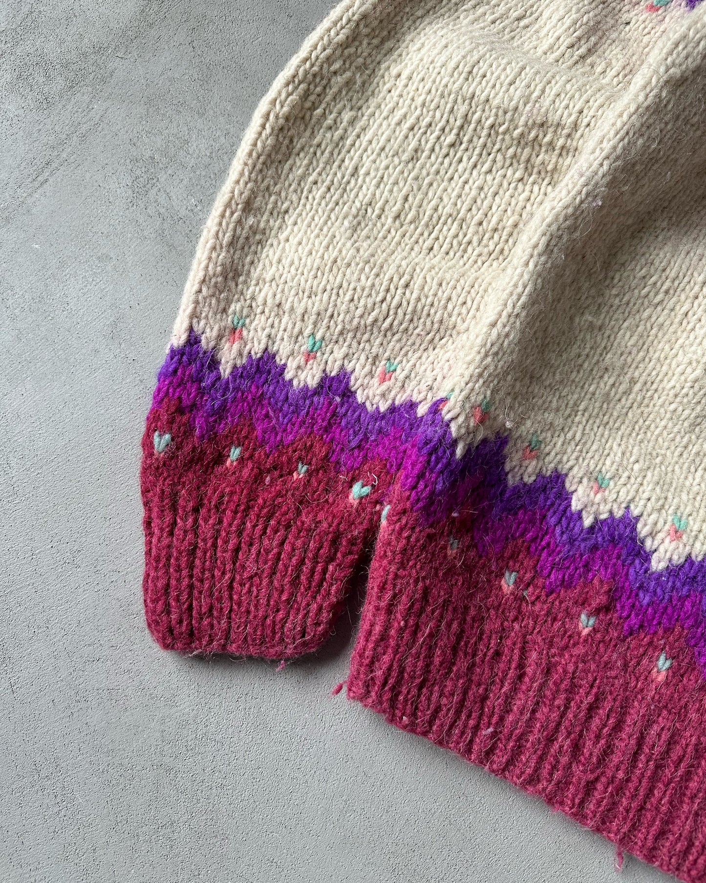 1980s - Distressed Cream/Purple Nordic Wool Sweater - M