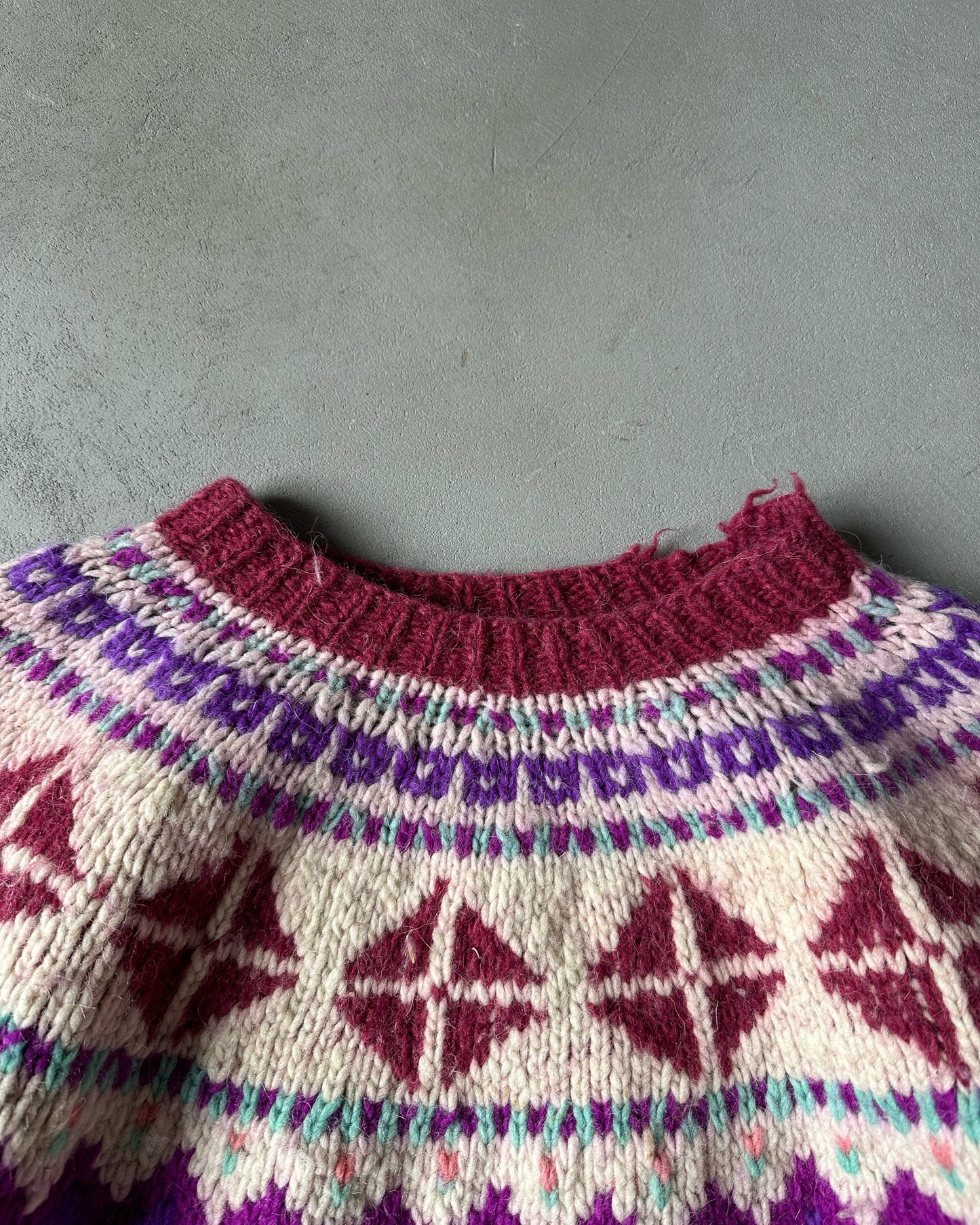 1980s - Distressed Cream/Purple Nordic Wool Sweater - M