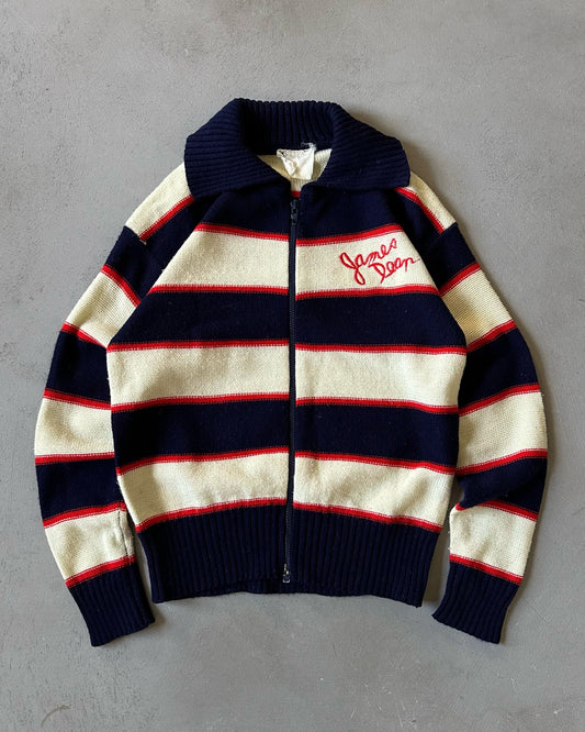 1980s - Navy/Cream James Dean Striped Zip Sweater - XS