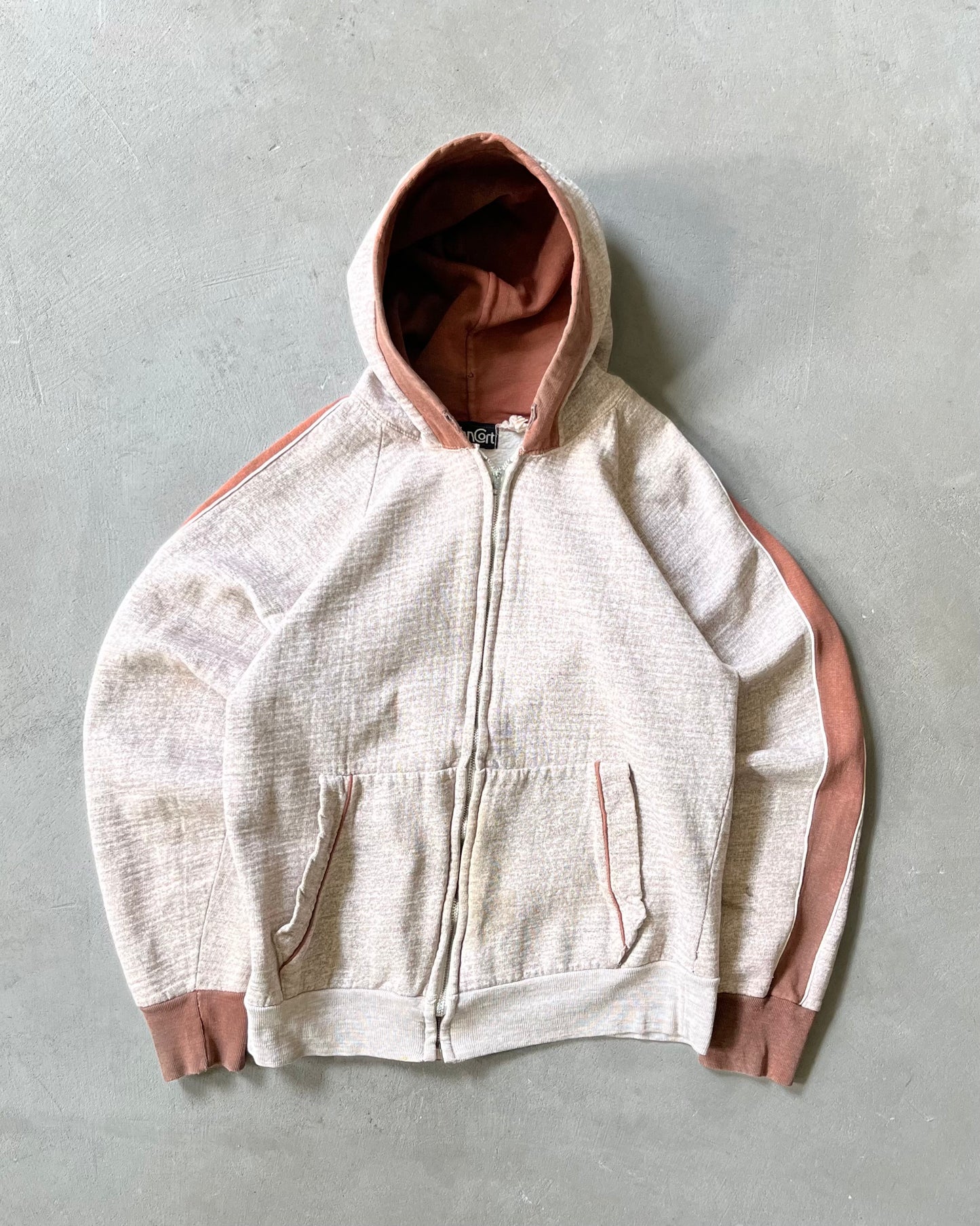 Années 70 - Sweat à capuche zippé marron chiné vieilli - TP