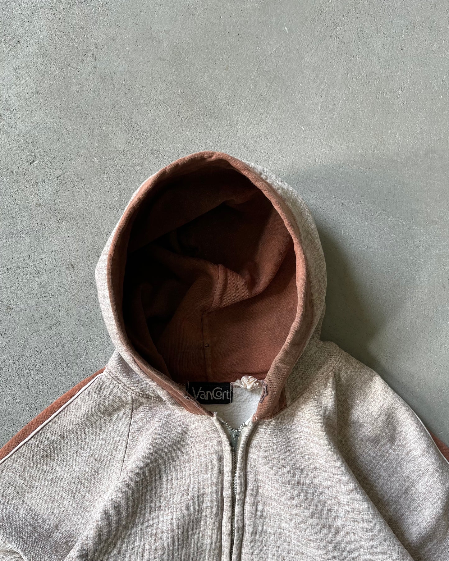 Années 70 - Sweat à capuche zippé marron chiné vieilli - TP