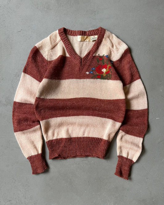 1970s - Pink Floral Striped Women's Sweater - (W)S