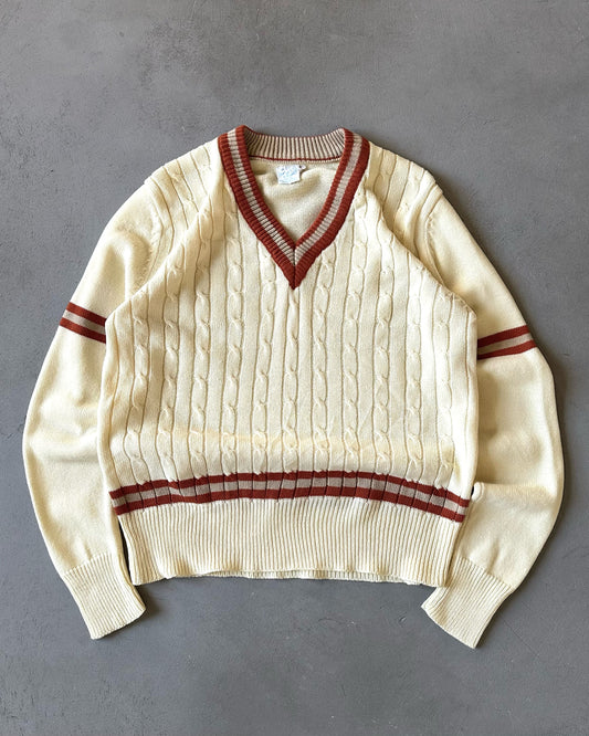 1970s - Cream/Orange Cableknit V Sweater - S/M