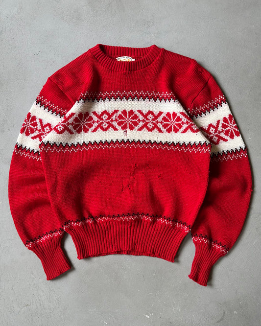 1960s - Distressed Red Nordic Sweater - M