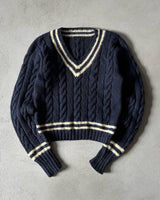 1980s - Navy/Cream Cableknit Wool Sweater - XXS/XS