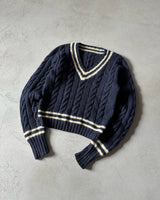 1980s - Navy/Cream Cableknit Wool Sweater - XXS/XS
