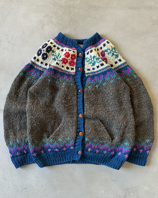 1990s - Grey/Blue Ecuadorian Women's Cardigan - (W)XL