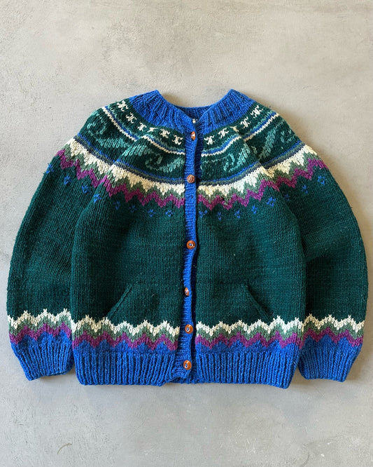 1990s - Green/Blue Ecuadorian Women's Cardigan - (W)M/L