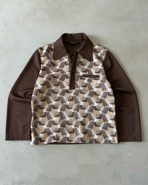 1970s - Brown/White Longlseeve Polo - M