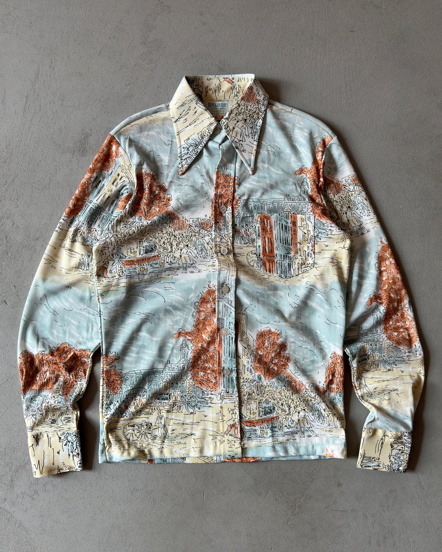 1970s - Blue/Yellow Art Disco Button Up - XS