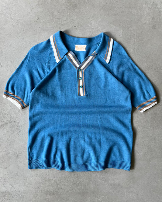 1970s - Blue/Cream Knit Polo - L