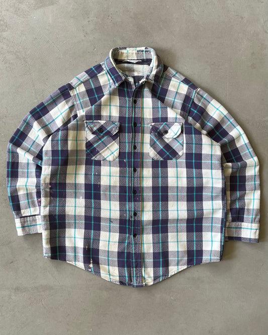 1980s - Distressed Purple/Blue Plaid Flannel - XL