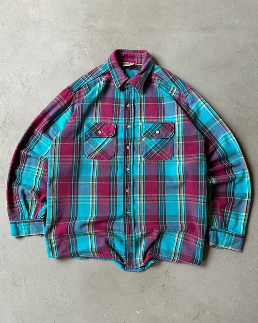 1990s - Aqua/Purple Plaid Cotton Shirt - XXL
