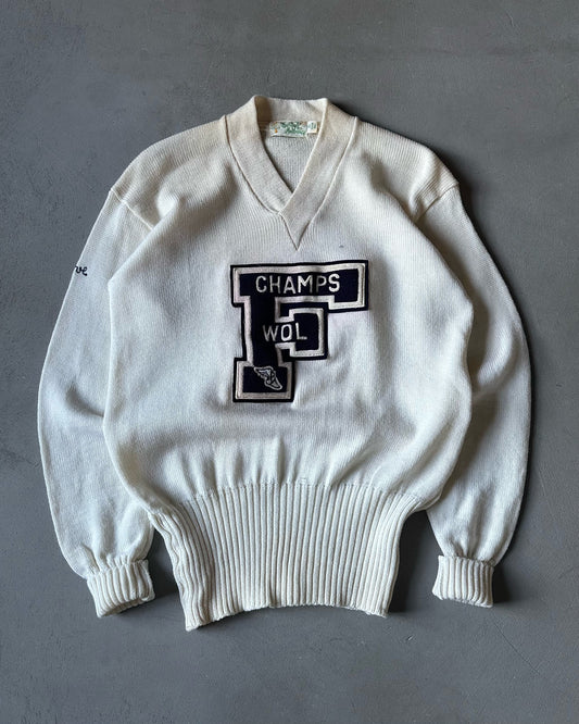 1960s - Cream "F" Letterman Sweater - L