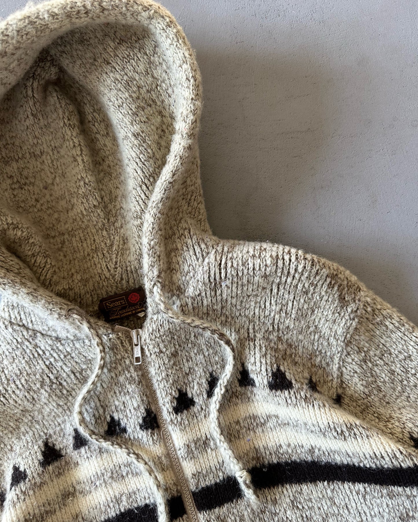 1980s - Cream/Brown Nordic Wool Hooded Sweater - S