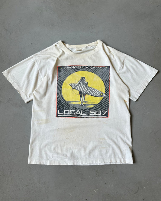 1990s - Distressed Cream Surf T-Shirt - S/M