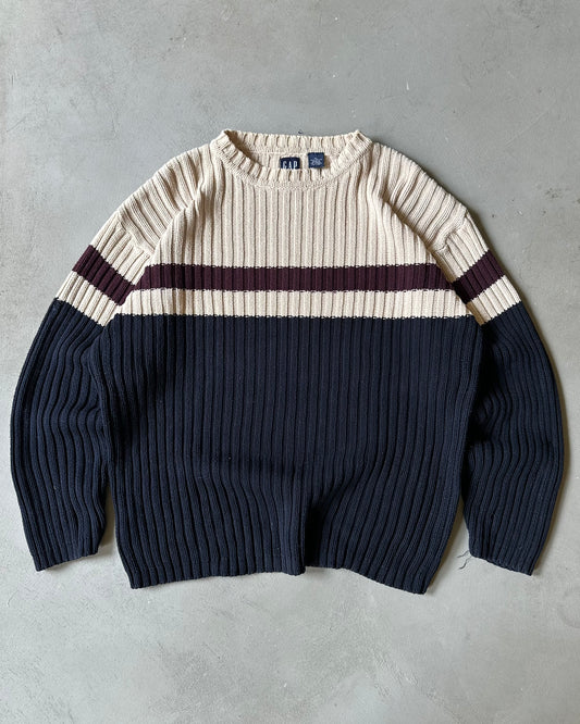 1990s - Cream/Navy GAP Ribbed Sweater - L/XL