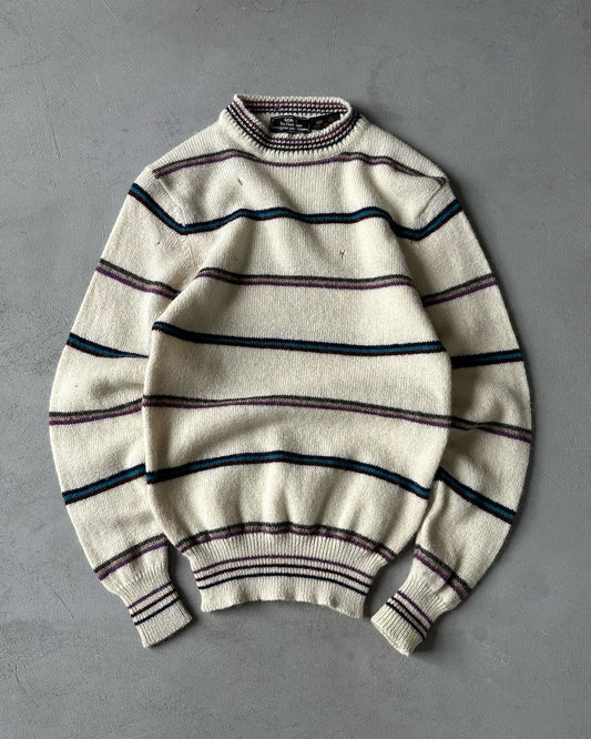 1990s - Distressed Cream/Blue Striped Wool Sweater - S